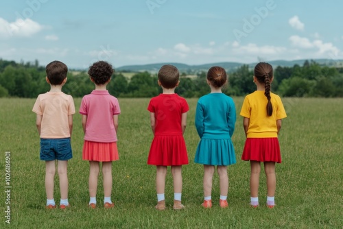 Five children standing in a row, facing a scenic landscape in colorful clothing.