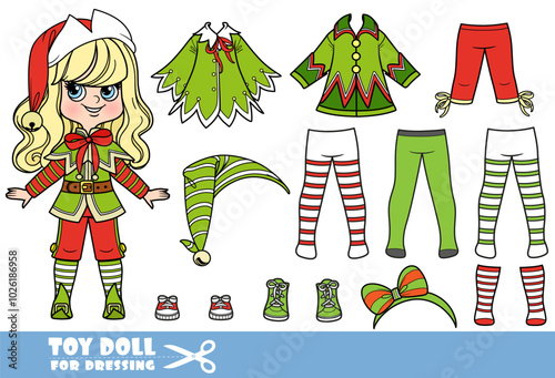 Cartoon blong girl with wavy hair and clothes separately - elegant New Year Elf costume constructor