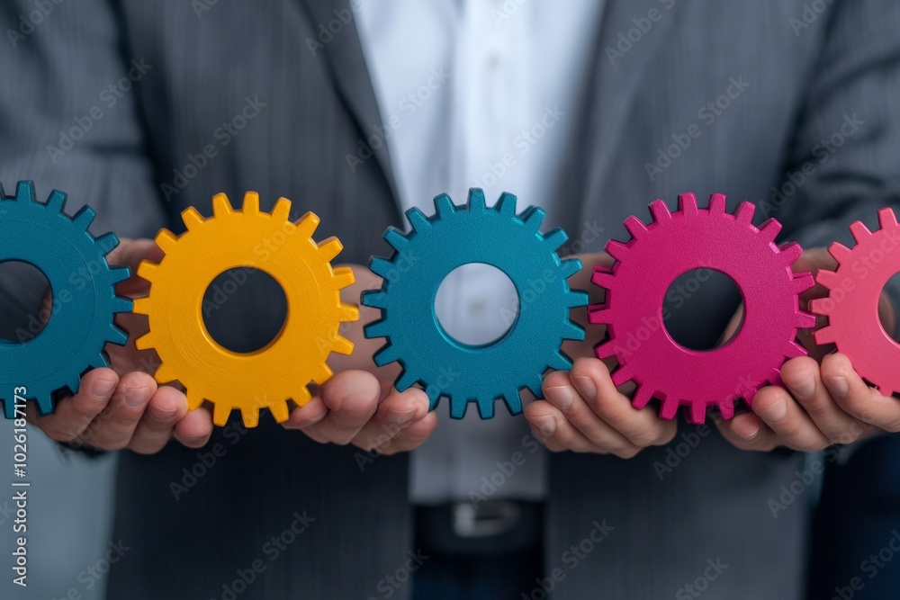 Three interlocking gears held by hands symbolizing teamwork and collaboration. Three interlocking gears held by hands symbolizing teamwork and collaboration.