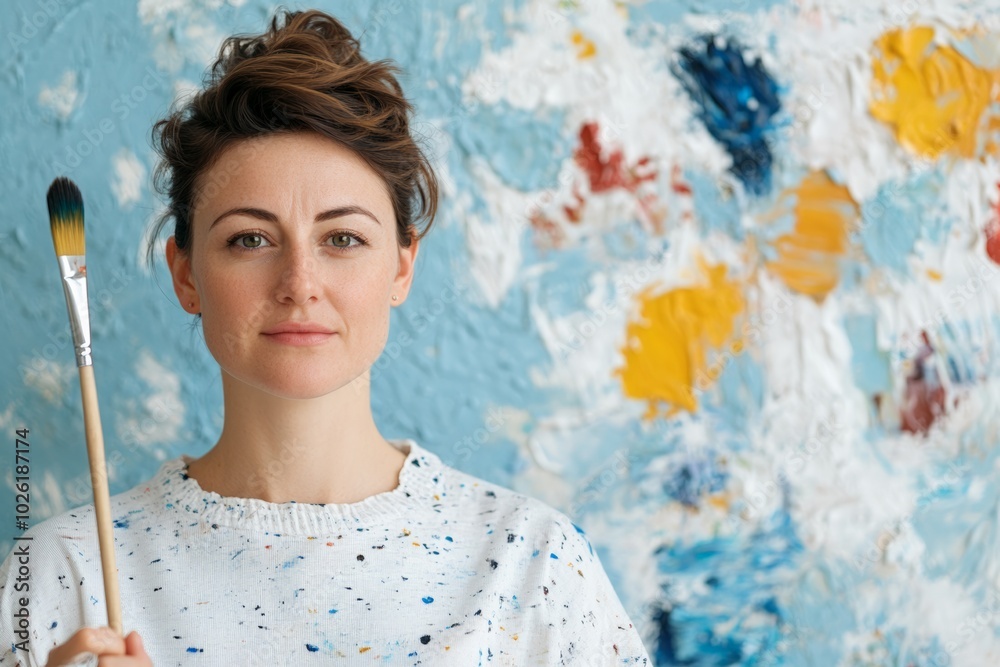 Focused female artist painting on a colorful canvas with bold brushstrokes. Focused female artist painting on a colorful canvas with bold brushstrokes.