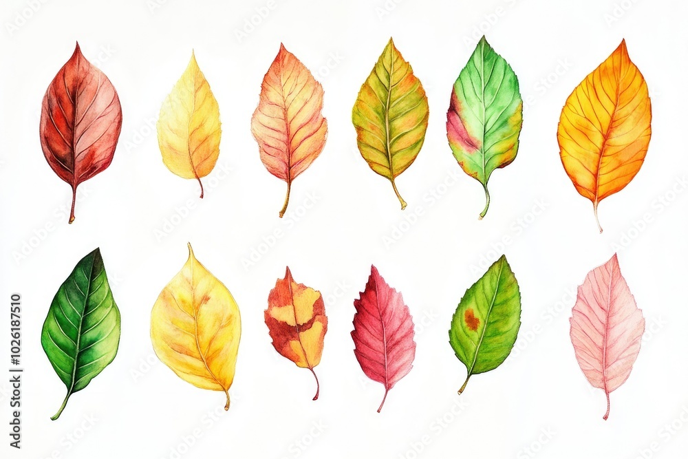 Fototapeta premium Colorful Watercolor Autumn Leaves on White Background