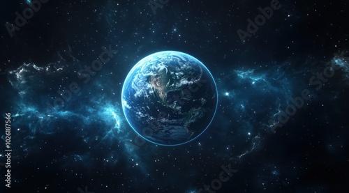 Wide shot of the Earth in space, black background, blue lighting