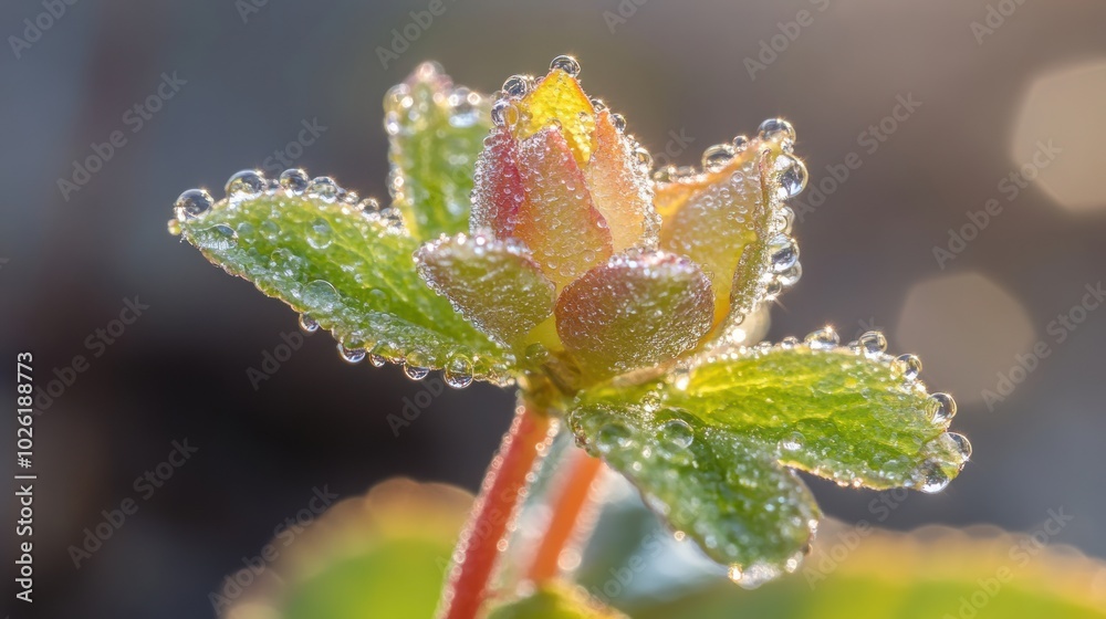 Young plant with morning dew droplets - Featuring close-up imagery of a young plant adorned with delicate morning dew droplets, capturing the freshness and purity of nature in the early morning, Young plant with morning dew droplets - Featuring close-up imagery of a young plant adorned with delicate morning dew droplets, capturing the freshness and purity of nature in the early morning,