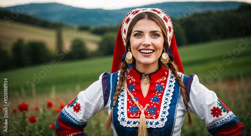 Bosnian woman in folk costume joyful expression portrait photo countryside landscape