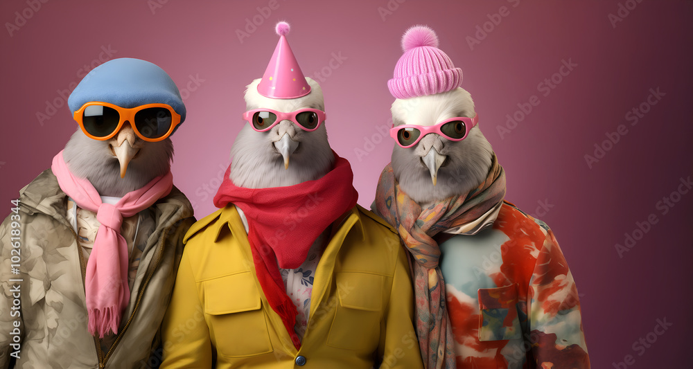 Creative animal concept. Group of dove bird in funky Wacky wild mismatch colourful outfits on bright background advertisement, copy space. birthday party invite invitation banner Creative animal concept. Group of dove bird in funky Wacky wild mismatch colourful outfits on bright background advertisement, copy space. birthday party invite invitation banner