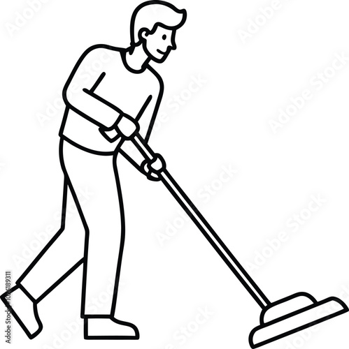 Man vacuuming outline from behavior collection. Thin linear man vacuum, man, vacuum outline icon isolated on white background. Line art vector man vacuum sign, symbol for web and mobile.