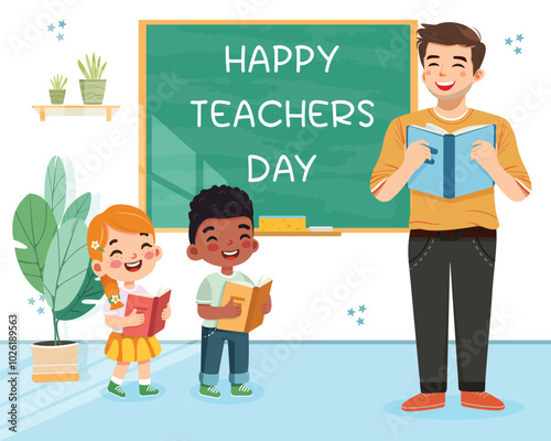 Smiling student and teacher man standing in front of blackboard in classroom at school. World Teachers' Day concept. Poster, Banner, Flyer, Greeting Card. Vector illustration in flat cartoon style