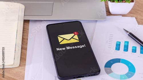 A mobile phone on a office desk with a new message notification on the phone screen