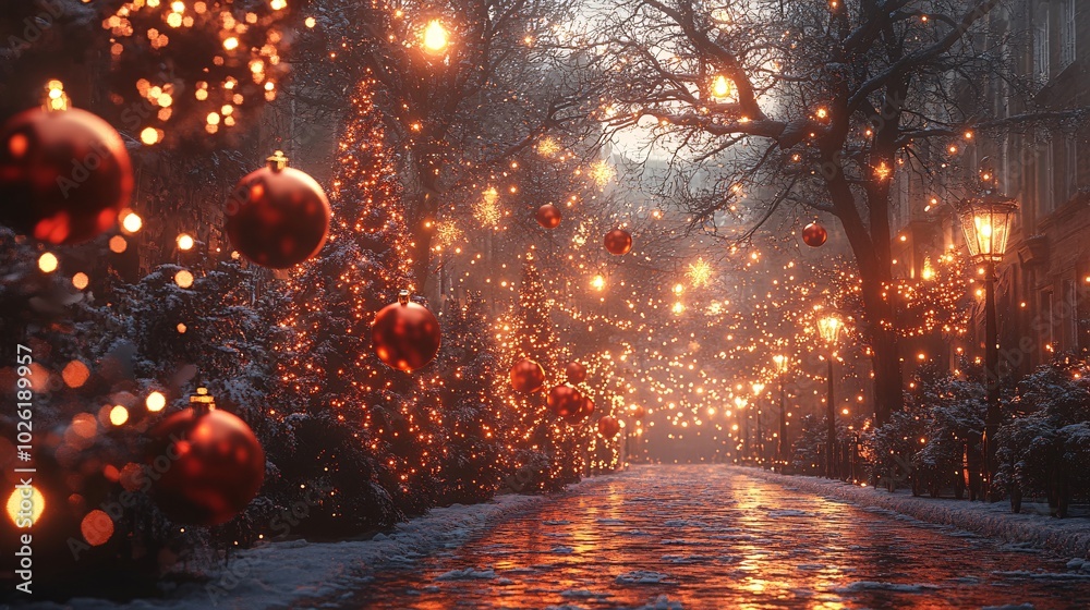 Naklejka premium Festive Decorations Illuminating a Winter Pathway