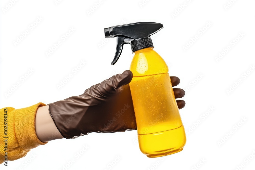 Protective Glove Gripping a Spray Bottle with a White Background Protective Glove Gripping a Spray Bottle with a White Background