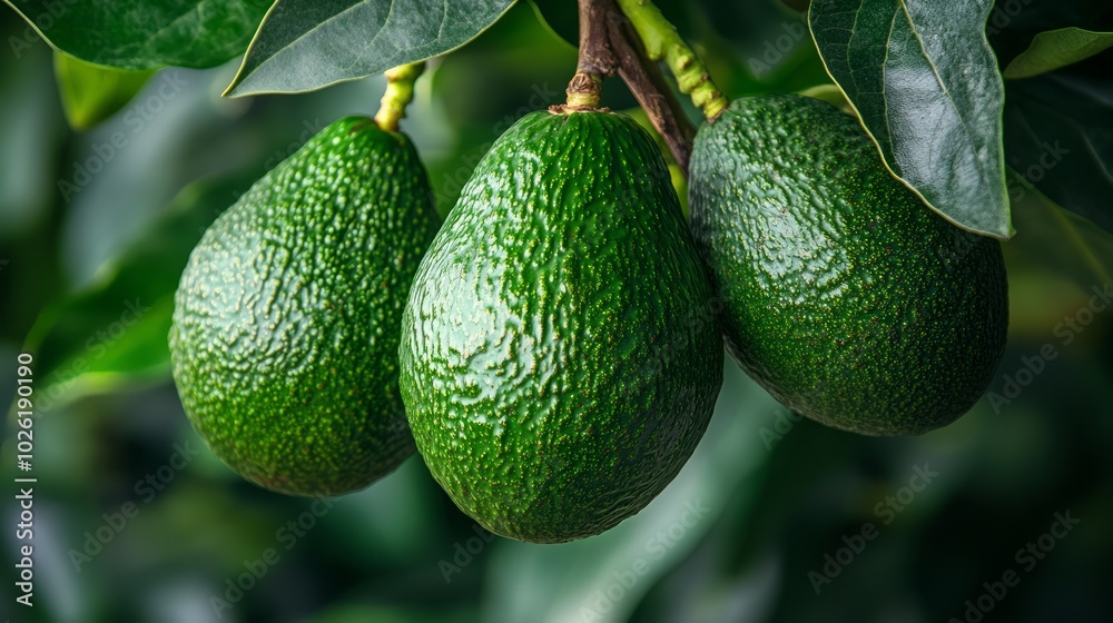 Three ripe avocados hanging from a branch with green leaves. Three ripe avocados hanging from a branch with green leaves.