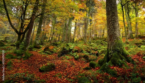 autumn fairy mossy deep forest widescreen panoramic picturesque serene landscape side view