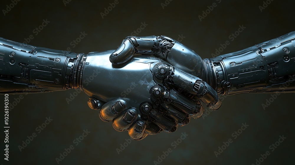 Handshake Between Robot Arms Symbolizing Collaboration Handshake Between Robot Arms Symbolizing Collaboration
