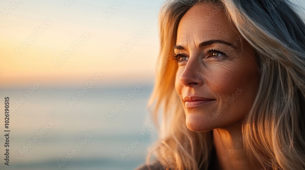 A serene profile of a older woman with flowing hair, gazing thoughtfully into the horizon during a beautiful sunset. A serene profile of a older woman with flowing hair, gazing thoughtfully into the horizon during a beautiful sunset.