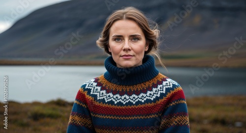 Icelandic woman in traditional wool sweater calm expression portrait photo natural landscape