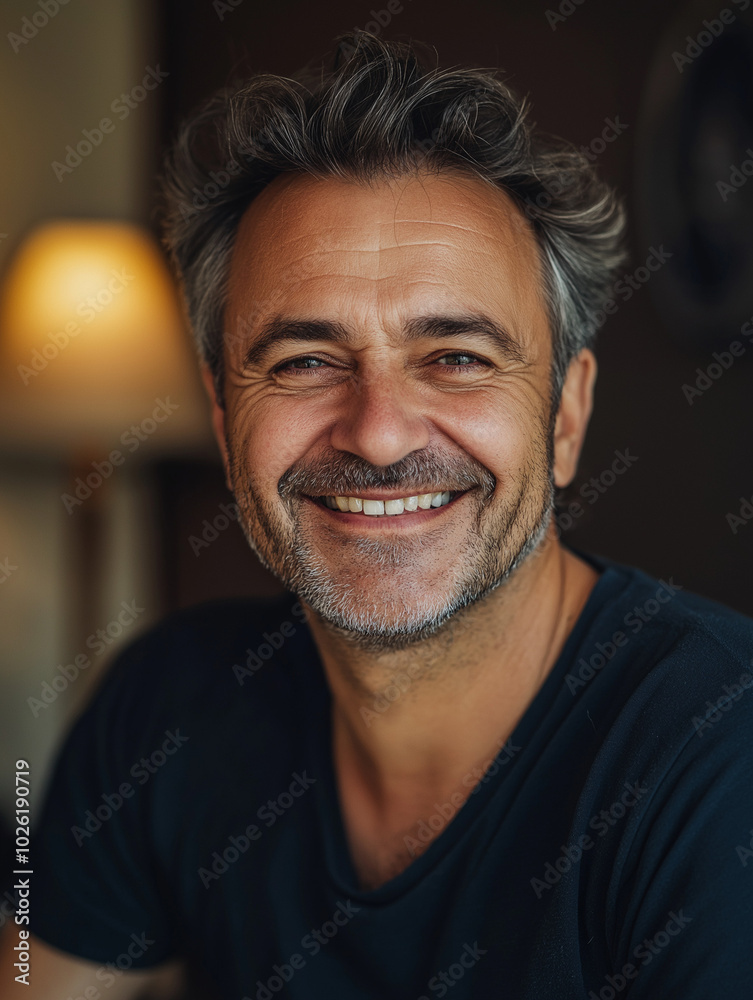 Smiling Man in Warm Indoor Lighting, Close-Up Smiling Man in Warm Indoor Lighting, Close-Up