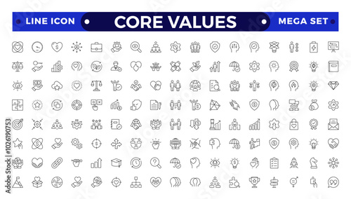 Core Values outline icons set. Vector illustration in modern thin line style of business related icons: integrity, growth, goal, trust, passion, white salary, social package.