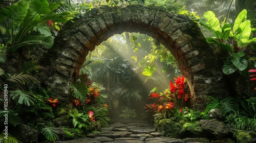 Stone Archway Leading to a Mystical Jungle Path photo