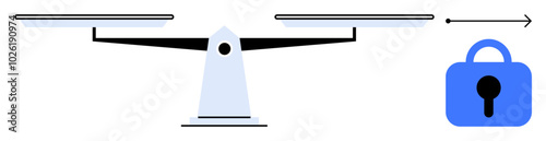 A balanced scale with a lock on the right side, featuring minimalist, clean line art. Ideal for themes such as security, fairness, balance, equality, and protection. Style is minimalist, modern