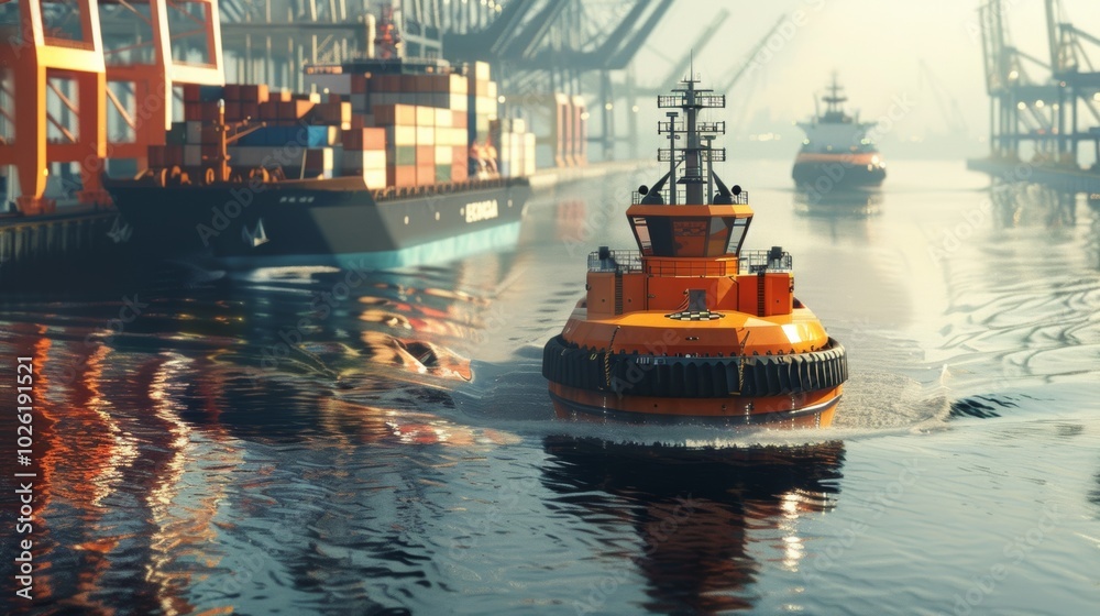 Obraz premium Autonomous Tugboat Guiding Large Ship into Port