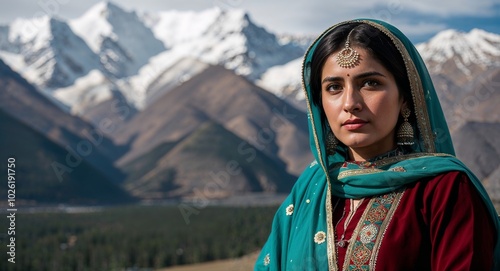 Pashtun lady in traditional attire neutral expression portrait photo mountainous background photo