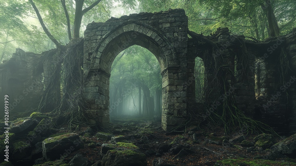 Stone Archway Leading into a Misty Forest Stone Archway Leading into a Misty Forest