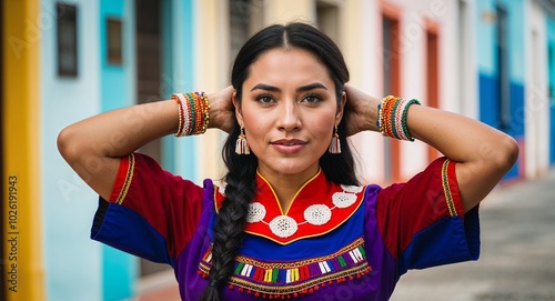 Puerto Rican young woman in traditional dress proud expression portrait photo cultural heritage