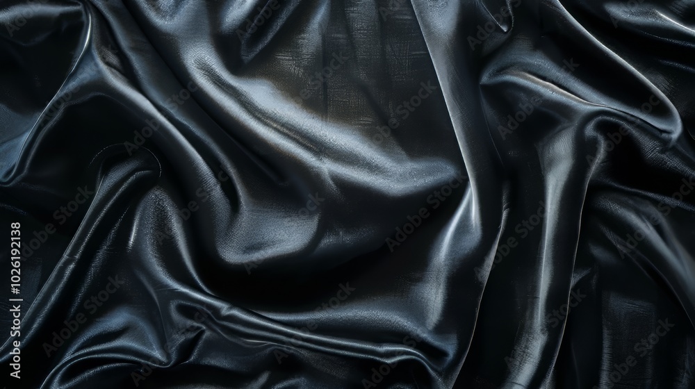 Obraz premium Glossy black fabric draped elegantly, showcasing its rich texture and lustrous sheen under bright lighting conditions