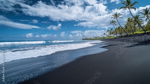 Vibrant Tropical Landscape of Punaluu Black Sand Beach: Captured with Nikon D850 in Natural Light, Showcasing Hawaii's Unique Beauty in High Resolution. photo