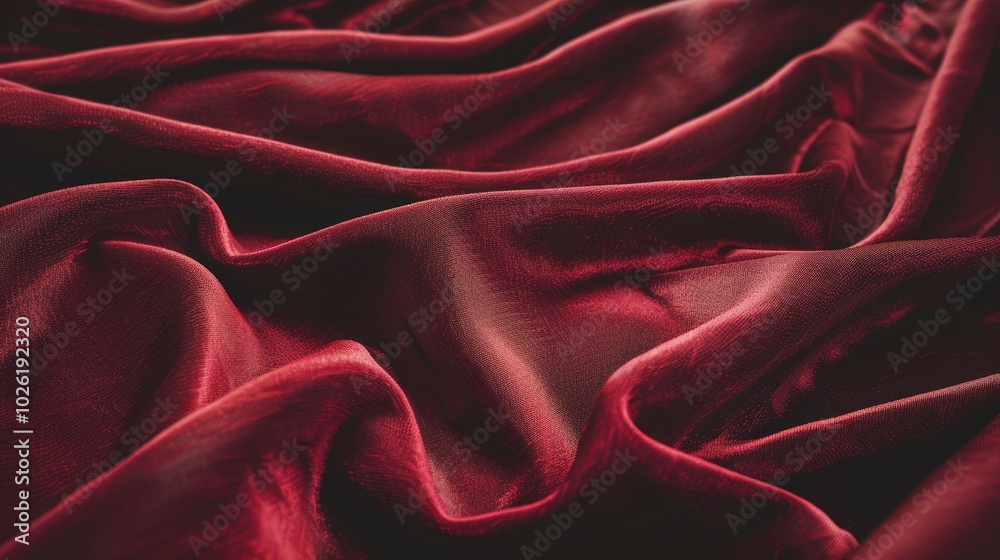 Obraz premium Flowing texture of deep red silk fabric draped elegantly, capturing soft light and intricate folds in a luxurious setting