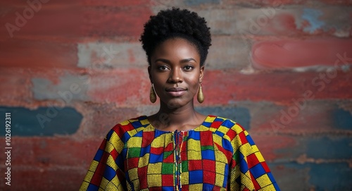 Senegalese young woman in boubou dress proud expression portrait photo vibrant backdrop photo