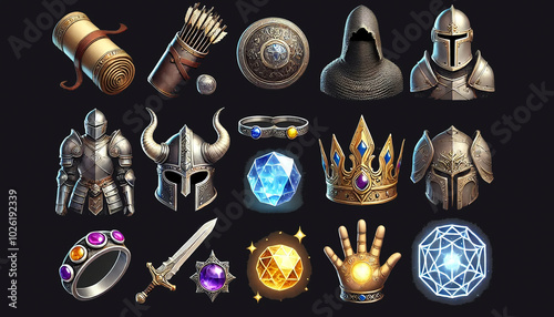 Set of Fantasy Game Icons with Weapons and Crystals