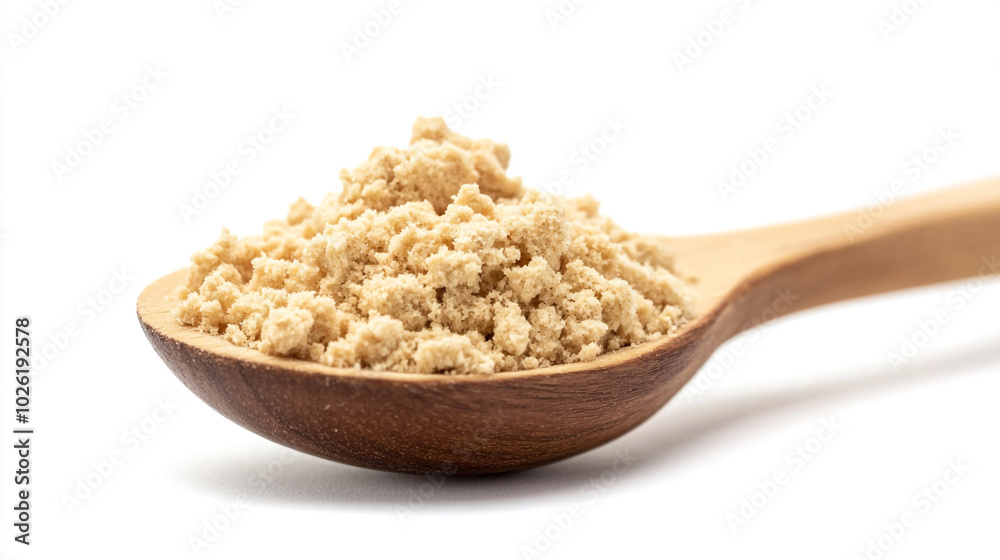 Ground ginger in a wooden spoon isolated on a clean white background for culinary use Ground ginger in a wooden spoon isolated on a clean white background for culinary use