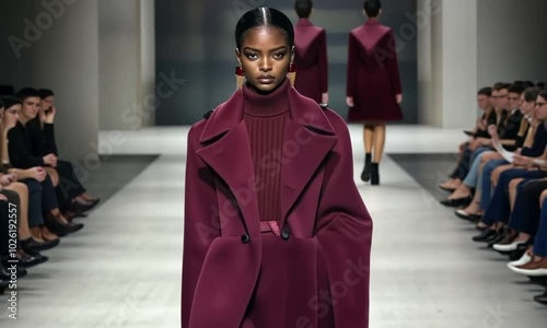 A fashion model walks confidently down a runway during a fashion show, wearing a deep burgundy coat.