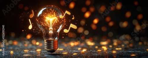 Illuminated lightbulb with glowing musical notes and sparks