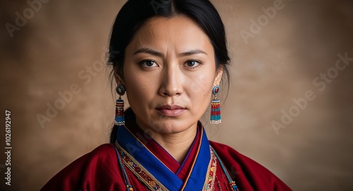 Tibetan woman in chuba dress serious expression portrait photo highland backdrop photo