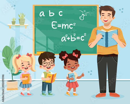 Smiling student and teacher man standing in front of blackboard in classroom at school. World Teachers' Day concept. Poster, Banner, Flyer, Greeting Card. Vector illustration in flat cartoon style