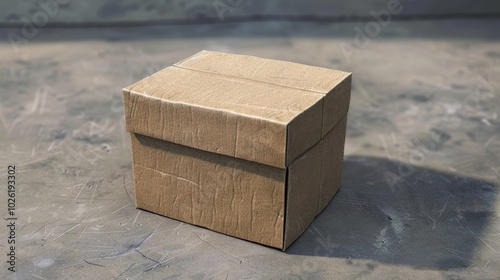 A small cardboard box sits on a concrete surface, showcasing its simple design and natural texture in afternoon light
