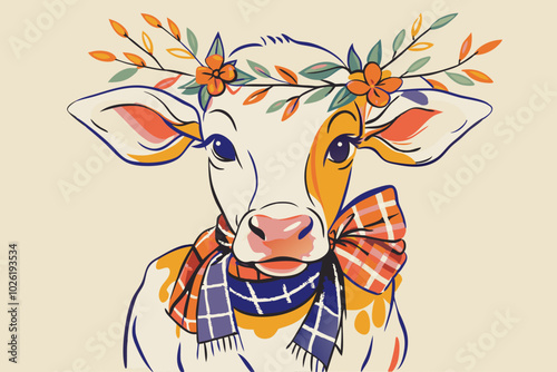 Whimsical Cow Illustration with Floral Crown and Plaid Bow