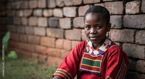 Zulu girl in traditional attire relaxed expression portrait photo vibrant setting