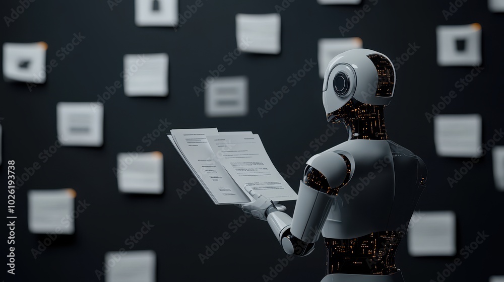 Fototapeta premium A robot analyzing data sheets while surrounded by notes on a dark wall, symbolizing the fusion of technology and information.