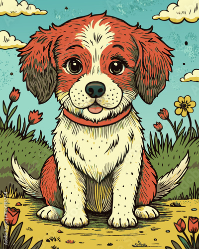 Adorable Illustrated Puppy with Red Collar in a Vibrant Flower Field