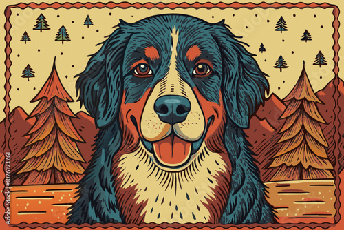 Vibrant Illustrated Bernese Mountain Dog Amidst Autumnal Forest Backdrop