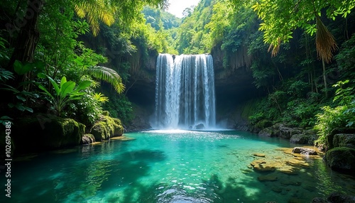 A lush tropical jungle scene with a waterfall cascading into a clear pool, surrounded by greenery
