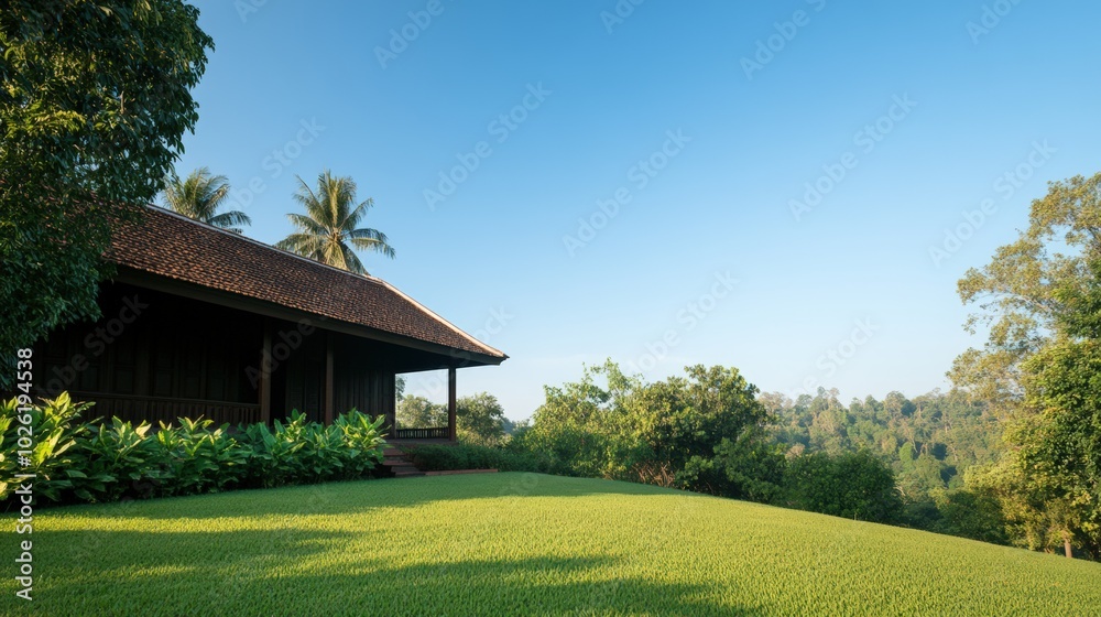 A tranquil wooden house overlooking a lush green landscape under a clear blue sky. A tranquil wooden house overlooking a lush green landscape under a clear blue sky.