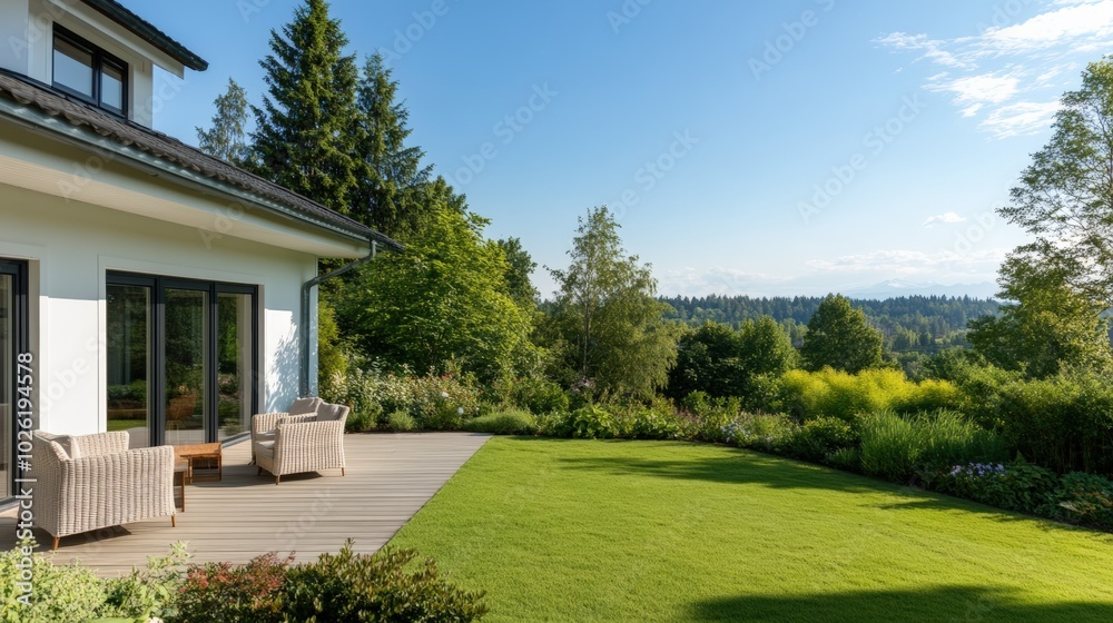 A modern home with a scenic garden and patio, surrounded by lush greenery. A modern home with a scenic garden and patio, surrounded by lush greenery.