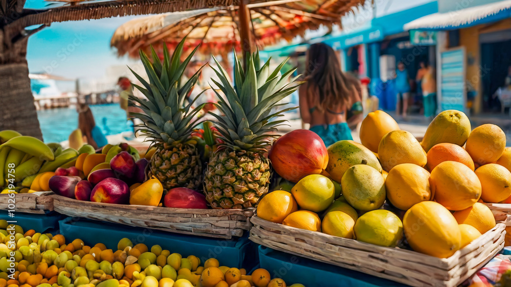AI-generated an image of a Tropical local fruit market, delicious looking with vibrant colors, waiting for tourists to tantalize their taste buds AI-generated an image of a Tropical local fruit market, delicious looking with vibrant colors, waiting for tourists to tantalize their taste buds