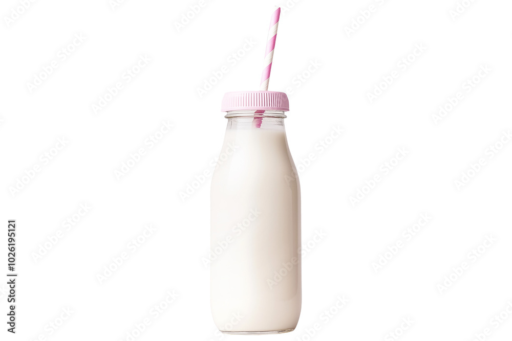 Glass bottle filled with milk or yogurt and a pink-striped straw inserted. Isolated on a white background, representing dairy or healthy drink concept Glass bottle filled with milk or yogurt and a pink-striped straw inserted. Isolated on a white background, representing dairy or healthy drink concept