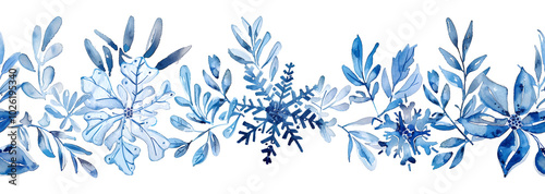 Elegant header with blue snowflakes. An elegant watercolor seamless winter border with snowflakes