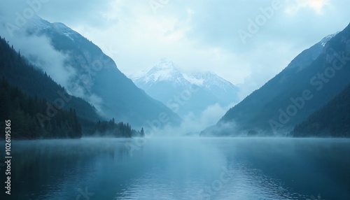 A peaceful mountain landscape with a clear blue sky, green valleys, and a calm lake reflecting the scene